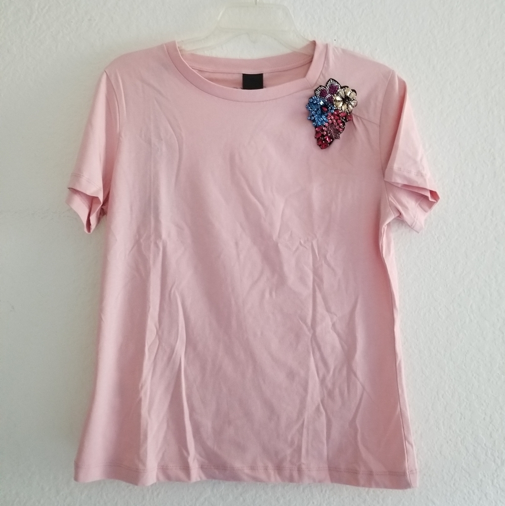 Pinko Crew Neckline Short Sleeve Beaded Brooch Pink Cotton Top Size S Sm… - Picture 2 of 8